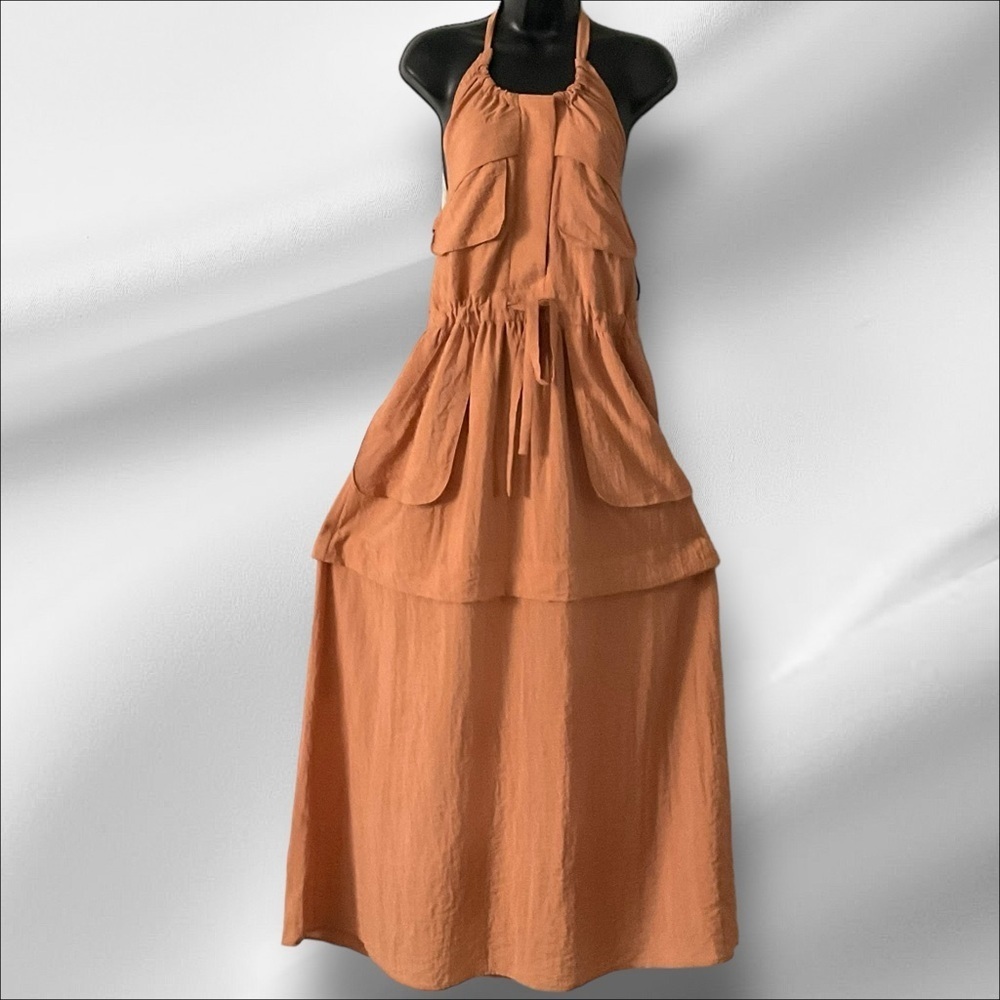Forever 21 Maxi Dress Copper Tie Back Halter   Front Pocket Cottage Core SZ‎ XS